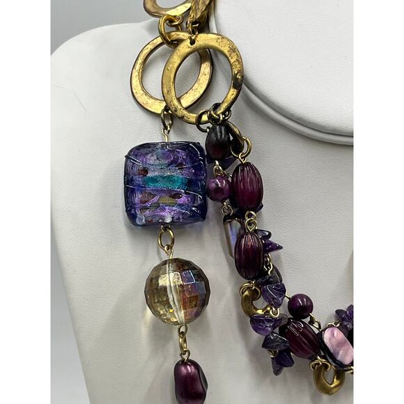 Chico's Purple Glass Beads and Square Amethyst Gold Tone Long Necklace - Picture 2 of 12